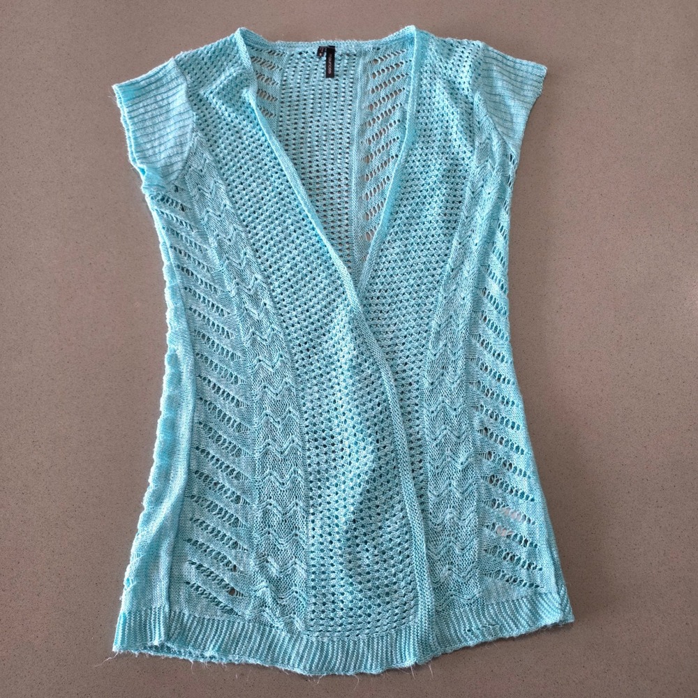 Maurices Aqua Blue Open Knit Pointelle Chevron Cardigan Vest Sleeveless Small